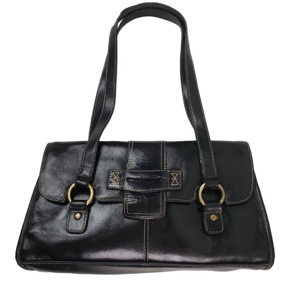 Bass Handbags - Bass Handbag Purse Black Leather Compartments Magnetic Closure Double Handles
